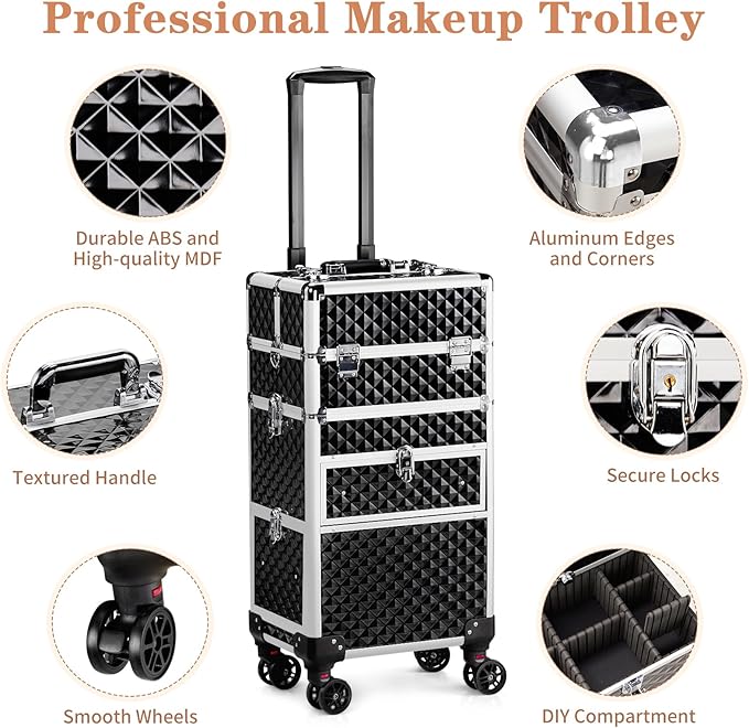 Karl home Rolling Makeup Case with Wheels & 2 Drawers, 3 in 1 Large Capacity Trolley Makeup Travel Case, Professional Cosmetology Lockable Travel Cosmetic Storage Train Cases, Black