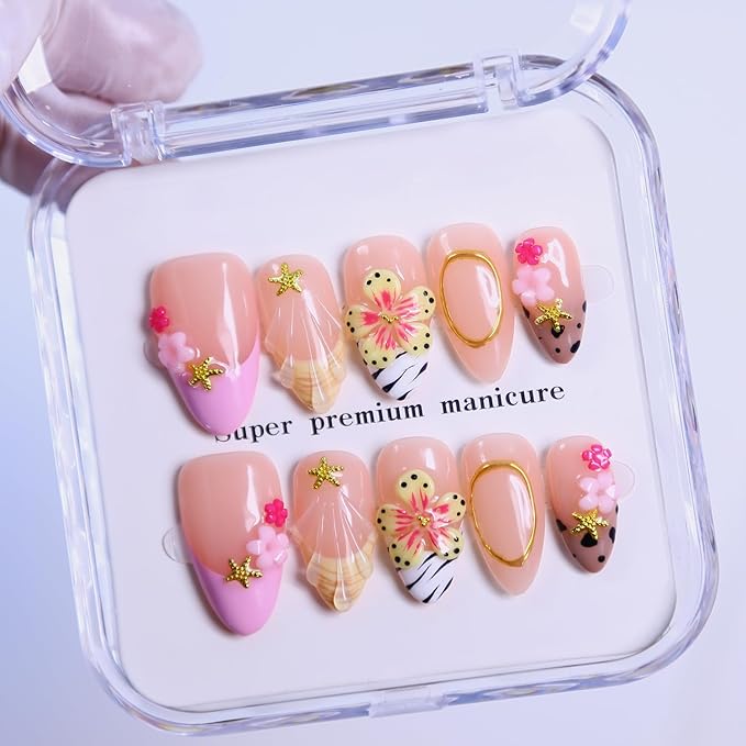 MAGLFELL Press On Nails - Medium Almond Handmade Unique Fake Nails, Artistic Design, Thick Acrylic and Muti-Layer Gel False Nails (Size M)