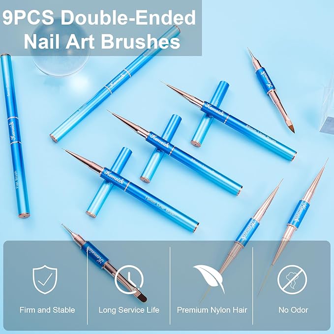 KEMEISI Nail Art Brush Set, 9PCS Double-Ended Acrylic Liner Brush Dotting Pen for Gel Polish, Nail Design Tools for Professional Manicure DIY Home Salon