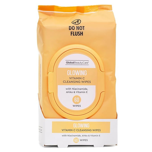 Global Beauty Care Glowing Makeup Remover Wipes - Gentle Daily Facial Cleansing Wipes for Sensitive Skin, Vitamin C Infused with Niacinamide, AHAs, & Vitamin E, Travel-Friendly, 60 Count (1-Pack)