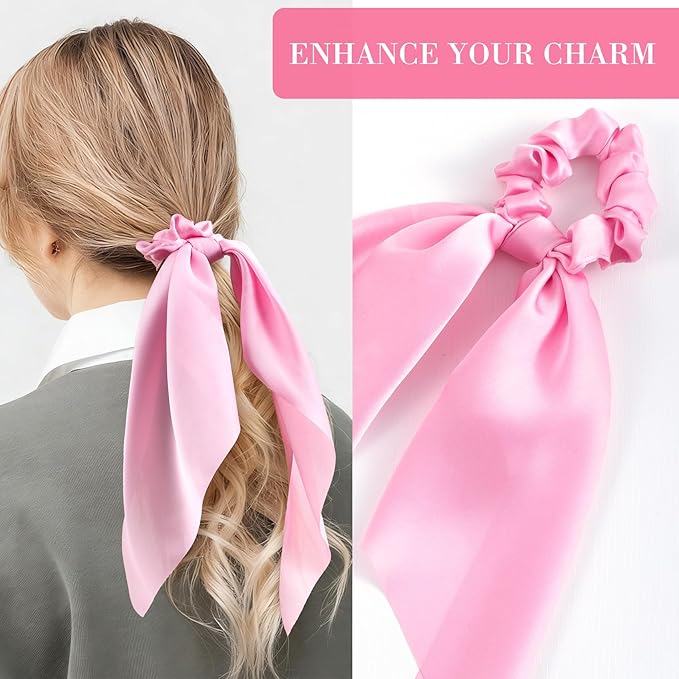 YALOJE 2PCS Scarf Scrunchies with Long Tails, Elastic Silky Satin Bow Hair Ties for Women, Ribbon Hair Scarf Scrunchy, Ponytail Holders Hairstyling Decoration for Women -Pink