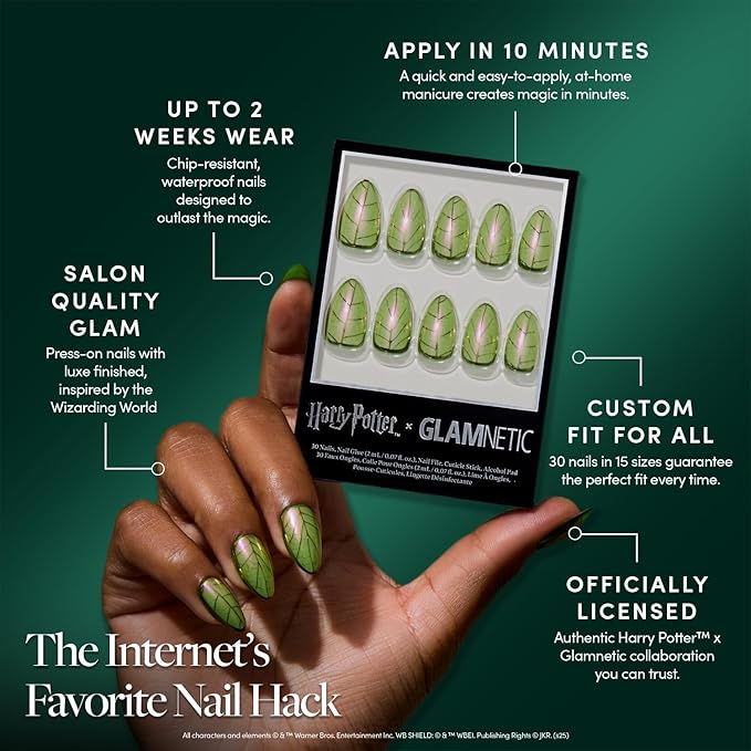 Glamnetic Press On Nails x Harry Potter™ - Mandrake | Short Almond Fake Nails with Iridescent Glazed Green Shimmer, Salon Quality Officially Licensed | 15 Sizes - 30 Nail Kit with Glue