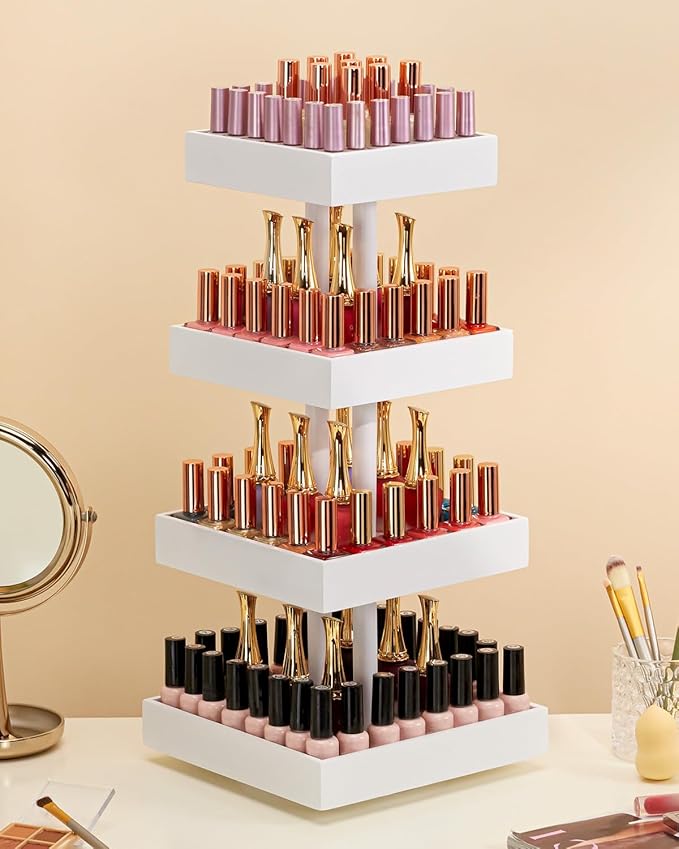 Homde Nail Polish Display Stand and Storage: 360 Degree Rotating Bamboo Rack Organizer, 4 Tier Makeup Holder for Fast Access on Countertop or Vanity for Girls & Women,White