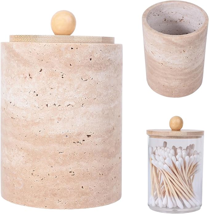 Travertine Marble Qtip Holder Dispenser with Bamboo Lid & Clear Plastic Inner Jar - Bathroom Vanity Organizer for Cotton Swab, Ball, Makeup Pads, Floss - Storage Container (Beige Travertine)
