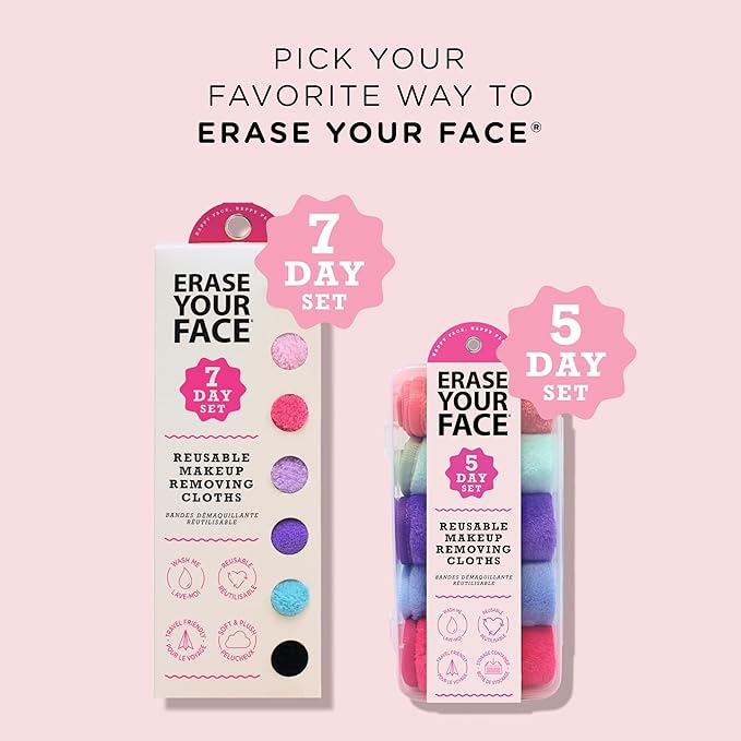 ERASE YOUR FACE Reusable Makeup Remover Cloths - Microfiber Face Towels to Cleanse & Remove Makeup - Water Activated for Sensitive Skin - Multi-Bright (Mini, 7 Count)