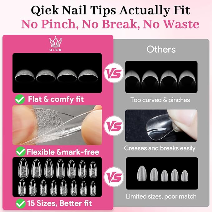 Qiek Medium Almond Fake Nail Tips, 15 Sizes 240 PCS Clear Half Matte Press On False Nail Tips Pre-shaped Full Cover Gel Nail Acrylic Soft Tips Extensions Thick Long Lasting for Home DIY Nail Salon