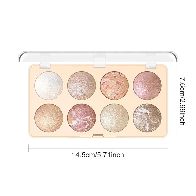 KYDA 8 Colors Baked Powder Palette, Mulitiuse Baked Powder for Eyeshadow Highlighter Contour, Lightweight Blendable, Buildable Glossy Color, Golden Luster