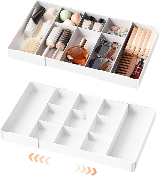 Expandable Desk Drawer Organizer, Acrylic Drawer Organizer Trays with 11 Adjustable Compartments 6 Removable Dividers Desk Accessories for Makeup Utensil Junk Office Kitchen Bathroom ( White, 2Pcs )