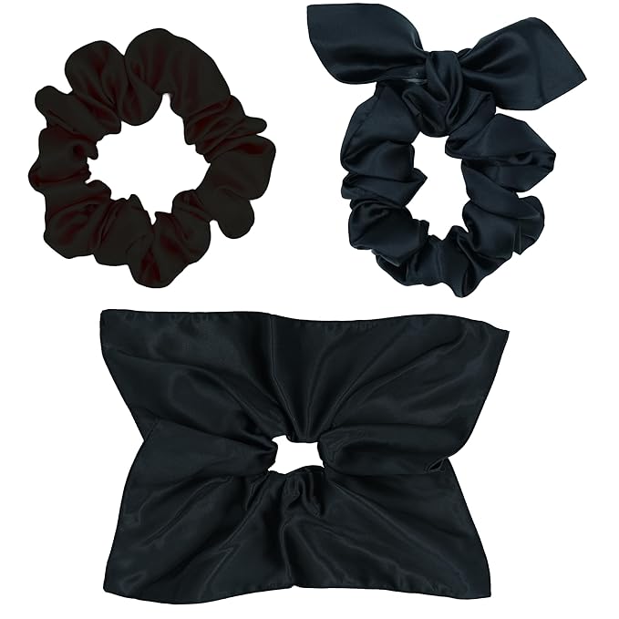 100% Mulberry Silk Scrunchies for Curly Hair, Thick Hair, and All Hair Types, 22 Momme 6A Grade, Girl Hair Ties, OEKO‑TEX Certified, Anti‑Frizz, Luxury Gift for Women, Cool Presents for Wife (Black)