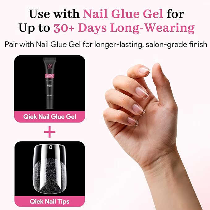 Qiek Short Square Fake Nail Tips - 15 Sizes 240 PCS Clear French Half Matte Press On False Nail Tips Pre-shaped Full Cover Gel Nail Tips Extensions Thick Long Lasting for DIY Beginners& Salon Manicure