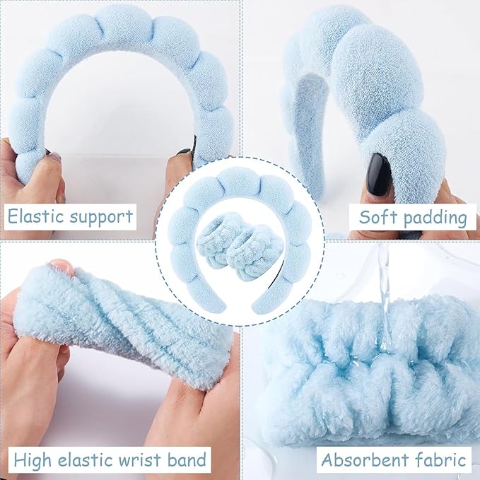 Spa Headband for Washing Face Wristband Set Sponge Makeup Skin Care Terry Cloth Bubble Soft Get Ready Hairband Women Girls Puffy Padded Headwear Non Slip Thick Hair Accessory (Blue Pink)