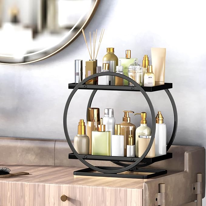 Bathroom Counter Organizer, Black Perfume Organizer for Dresser, 2 Tier Bathroom Organizer Countertop, Vanity Makeup Organizers, Skincare Display Tray for Bathroom Sink Storage