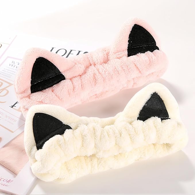 2 Pcs Cat Ears Headband, Cute Spa Headbands for Washing Face Skincare Makeup Headbands for Women Girls Trendy Stuff Present Soft Coral Fleece Hair Accessories(Pink Beige)