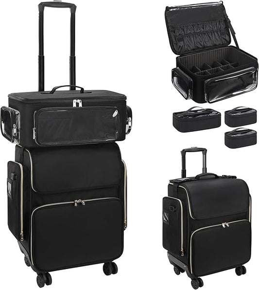 OCHEAL Hairstylist Traveling Case with a Large Makeup Travel Case with side Pocket for Hairstylist, Hairdresser Bag with Detachable Pouch,360° Rotatable Wheelsfor Hairdressing Tool Organizer