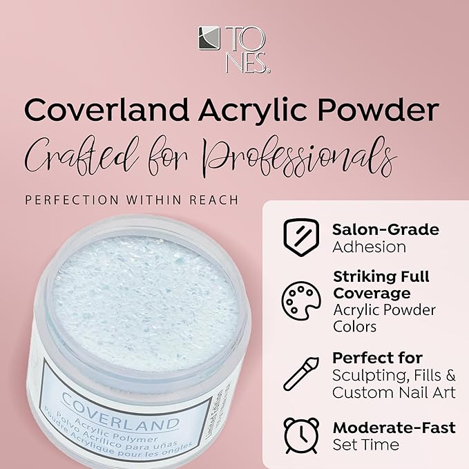 Tones Coverland Acrylic Nail Powder "Crushed Ice" - Limited Edition Acrylic Powder for Nail Design, Sculpting, and Masking Nail Bed Imperfections - Professional Acrylic Nail Supplies - (1.5 Oz)