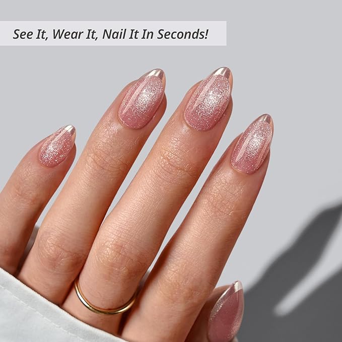 BTArtbox Press On Nails Almond - Gilded Cheer, Lamp-Curable Short Glitter French Tip Press On Nails with Glue and Adhesive Tabs for Women in 16 Sizes - 32 Soft Gel Glue On Nails Kit