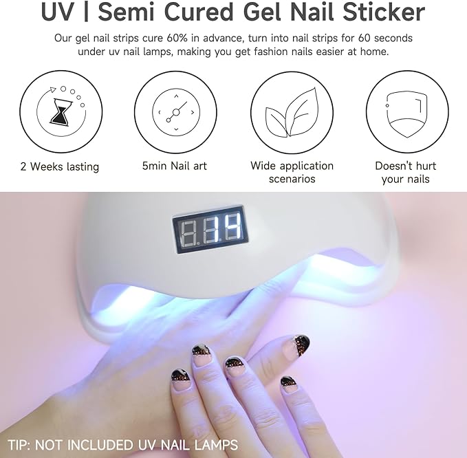 DUKASOU Semi Cured Gel Nail Strips, 56Pcs Nail Art Stickers/Wraps, Long Lasting UV Nail Polish Strips for Adults(Silver+Sequined Black)
