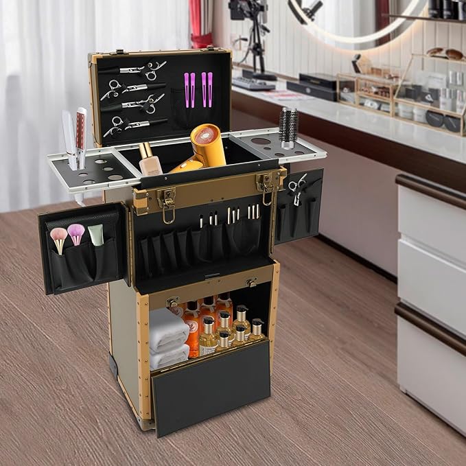 Rolling Lockable Makeup Train Case, Beauty Salon Luggage Hairdressing Trolley Stylist Beauty Salon Cosmetic Luggage Travel Organizer Tool Box for Professional Hairdressers(Golden)