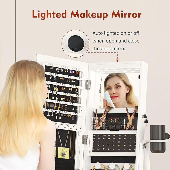 Mirror Jewelry Cabinet Standing, 6 LED Lights, 360° Swivel Full Length Mirror with Storage, Jewelry Armoire Organizer with Drawer, Foldable Makeup Shelf