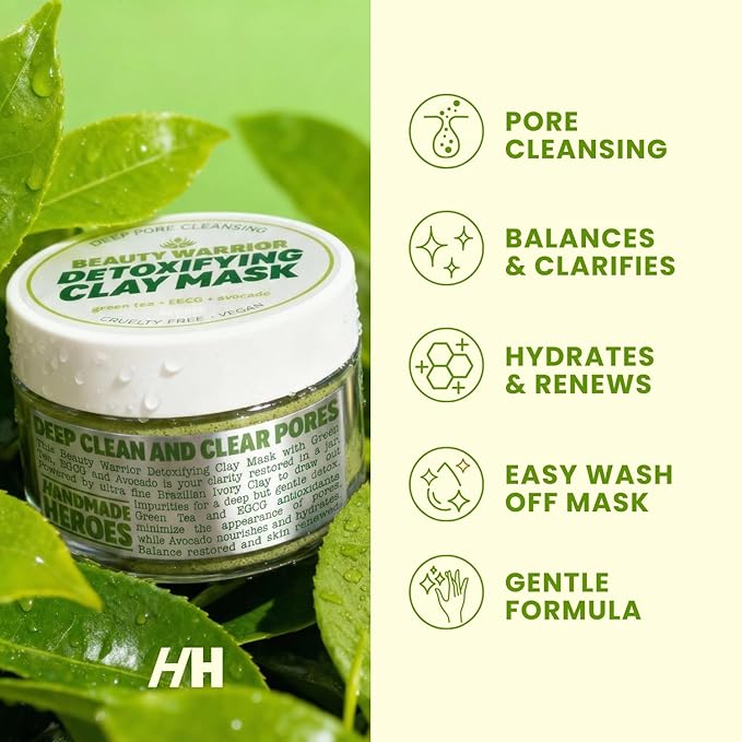 Handmade Heroes Green Tea EGCG Clay Mask – Facial Treatment Mask for Pore Minimizing, Oil Control & Calming. Detoxifying Clay Mask for Blemish Prone Skin