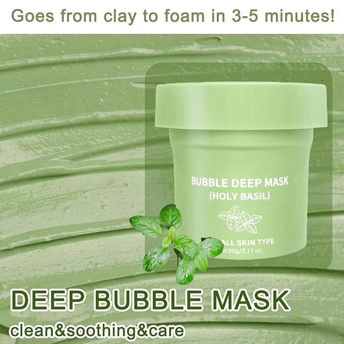 Holy Basil Bubble Deep Cleansing Mask with Carbonated Water for Pore Cleansing & Blackhead Removal, Korean Clay Bubble Wash-Off Facial Pack, 90g / 3.17 oz (01)