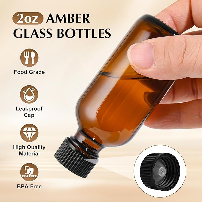 Exlvanto Small Glass Bottles with Lids Boston Round Shot Bottles for Health, Immunity, Ginger Juice, Essential Oils, Potion - Leak Proof Mini Travel Containers (Amber UV, 2oz-24Pack)