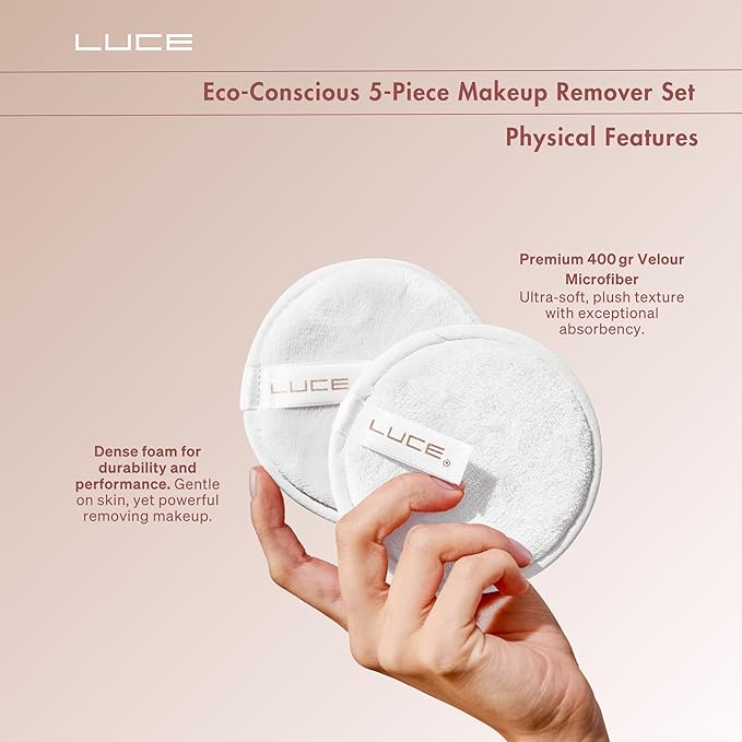 LUCE Lazy Eraser Makeup Remover Pads - Reusable Makeup Remover Pads (White, 5-Pack)