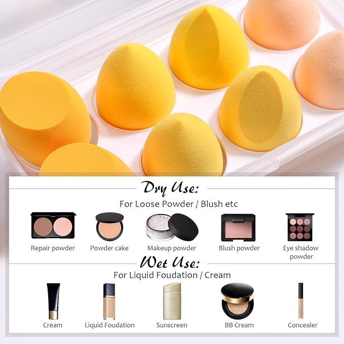 ABC Glow Beauty Blender Sponge Set – 8-Pack | Flawless Makeup Application | Latex-Free, Ultra-Soft, Reusable Makeup Sponges with Travel Case | For Liquid, Cream & Powder (Yellow)