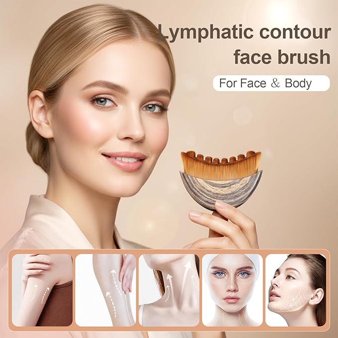 2 PCS Lymphatic Contour Face Brush, Ergonomic Lymphatic Drainage Massager, Natural Makeup Brushes with Gentle Bristles, Hypoallergenic Manual Facial/Body Brush for Sculpting