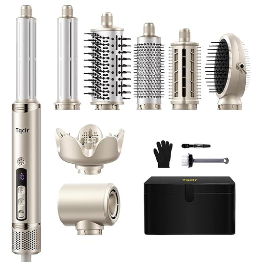 Tqcir 8-in-1 Professional Hot Air Styler&Hair Dryer Brush, Powerful Multi-Styler with Auto-Wrap Curler with Storage Case, Fast Drying Curling Straightening Volumizing Without Heat Damage(Gold)