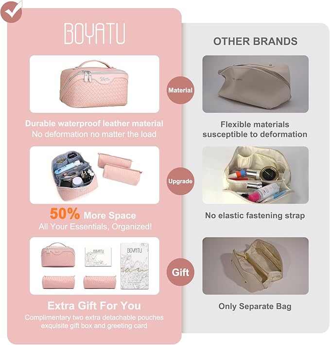 BOYATU Travel Makeup Bag Cosmetic Bags for Women: Large Capacity 3 Pcs Set Make up Bag with Compartments - Waterproof Vegan Leather Toiletry Organizer Bags with Handle (L02 Light Pink)