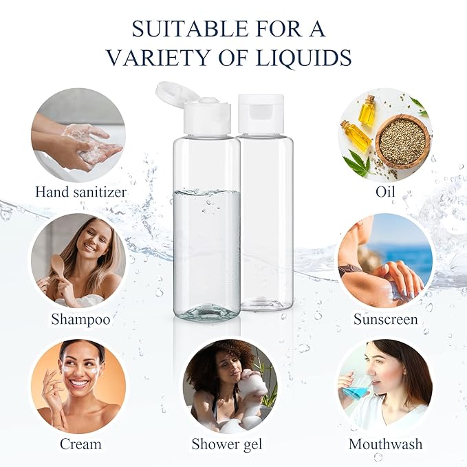 Zubebe 36 Pcs Plastic Travel Bottles with Disc Top Flip Cap Empty Refillable Squeeze Travel Containers for Shampoo Lotions Cream Toiletries Liquid Body Soap (Clear, 2 oz)