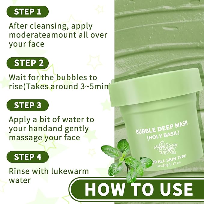 Holy Basil Bubble Deep Cleansing Mask with Carbonated Water for Pore Cleansing & Blackhead Removal, Korean Clay Bubble Wash-Off Facial Pack, 90g / 3.17 oz (01)