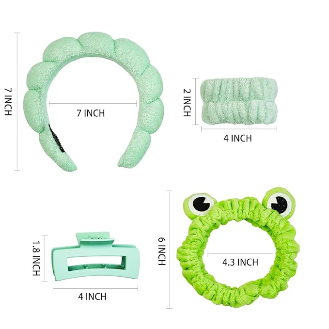 Yaqulen 7 Pcs Spa Set, Facial Spa Headband and Wristband Set, Skincare Headband, College Style Girl Gift, Hair Accessories for Women and Girls (Green) ﻿