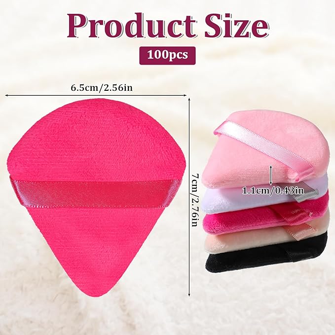 Oqqlin 100 Pcs Triangle Powder Puffs Bulk, Soft Velvet Powders Puff Muticolor Wet Dry Makeup Sponge for Loose Powder, Press Powders (5 Color)