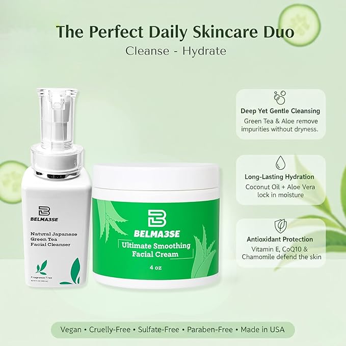 Green Tea Cleanser 10.14 Fl Oz and Hydrating Facial Cream 4 Oz Set – Clean Beauty Routine with Aloe, Cucumber, Coconut Oil & Vitamin E – Lightweight, Vegan & Cruelty-Free