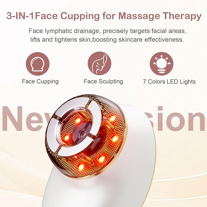 Electric Facial Cupping Therapy Sets, 3 in 1 Gua Sha Face Cupping Massage, Lymphatic Drainage Massager for Face, 7 Color Firming, Smoothing Facial Tools (White)