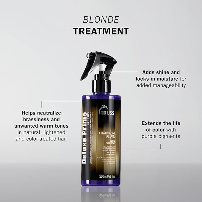 TRUSS Purple Hair Spray & Blonde Toner - Hair Lightening Spray & Reconstructor with Customizable Toning - Deluxe Prime Champagne Blonde - For Brassy, Gray, Bleached, or Blonde Locks (8.79 Oz)