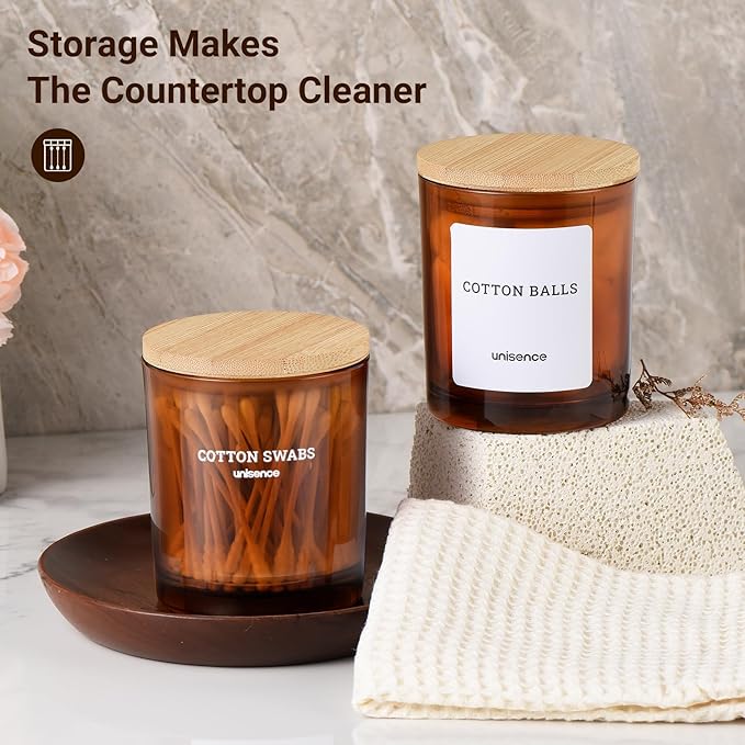 unisence Glass Qtip Holder 2 Pack , Qtip Holder Dispenser Bathroom Set Bathroom Organizers and Storage Q tip Holder with Lid Makeup Storage Organizer for Cotton Swabs,Cotton Balls,Pads ,Amber