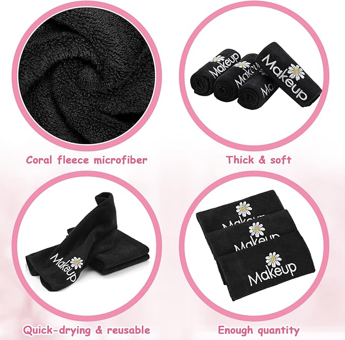 Shimeyao 20 Pack Makeup Towels Black Makeup Washcloths for Face Microfiber Remover Cloth 13x13 Inch Daisy Quick Dry Face Towels for Cleansing Hand
