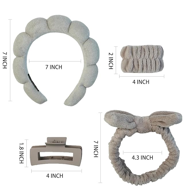 Yaqulen 7 Pcs Spa Set, Facial Headband and Wristband Set, Skincare Accessories, College Style Girl Idea Gifts, Hair Accessories for Women and Girls（Light Coffee ）