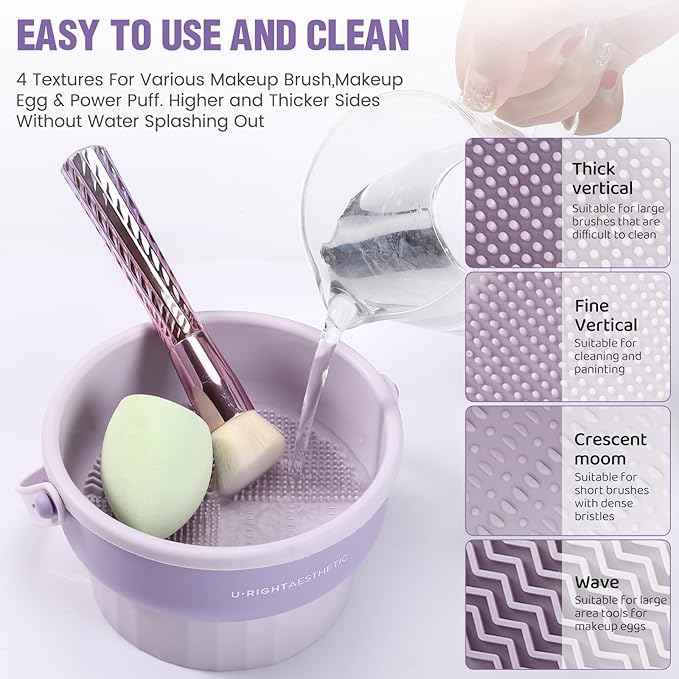 GOLIKEE 2 Pack Makeup Brush Cleaner Mat 3 in 1 Silicone Makeup Brush Cleaner Makeup Brush Cleaning Bowl Makeup Brush Sponge Scrubber Tool for Cleaning, Storage And Upside Down Drying(Two Khkai)