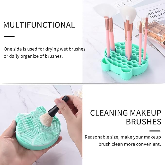 Silicon Makeup Brush Cleaner Mat with Brush Drying manual Make up cleaner cleanser machine Cosmetic Cleaning Pad+Makeup Dry Cleaned Quick Color Removal Sponge Scrubber Tool(Green)