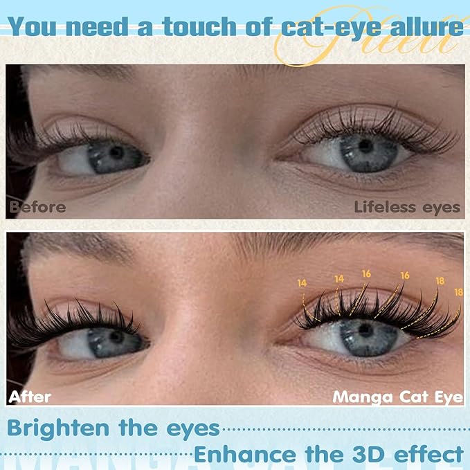 Manga Lash Clusters With Spikes Cat Eye Cluster Lashes 14/16/18MM Cluster Eyelash Extensions Left&Right Individual Lashes Volume Lash Extensions by Pleell (176PCS, D Curve)