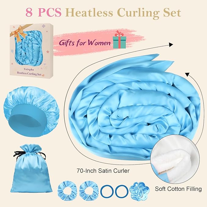 Ystrybo Satin Heatless Hair Curler Curls Overnight Hair Curlers to Sleep in, Hair Curlers No Heat Curls Overnight, Heatless Curling Set for Women Long Hair - 8 Pcs (Blue)