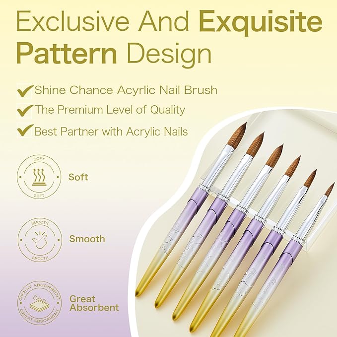 Shine Chance 6Pcs Kolinsky Acrylic Nail Brushes Set, Oval Crimped, Yellow