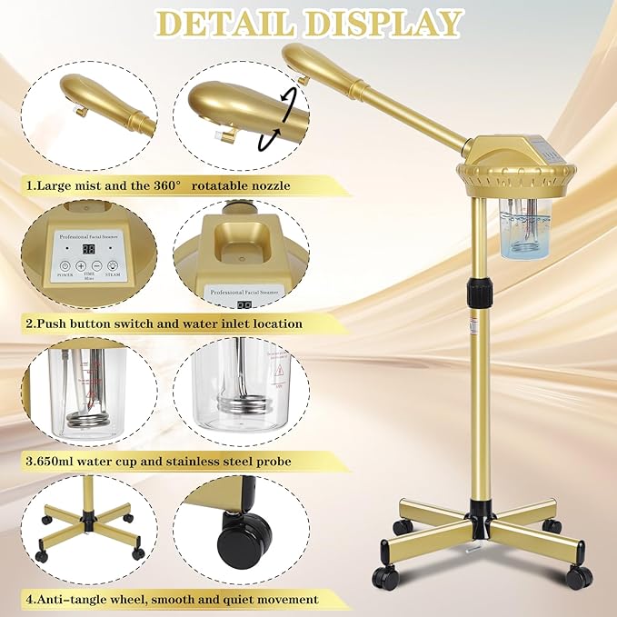 Facial Steamer, Professional Facial Steamer for Estheticians, Hot Mist & Timer Function, Ozone Face Steamer on Wheels for Spa, Salon and at Home Use