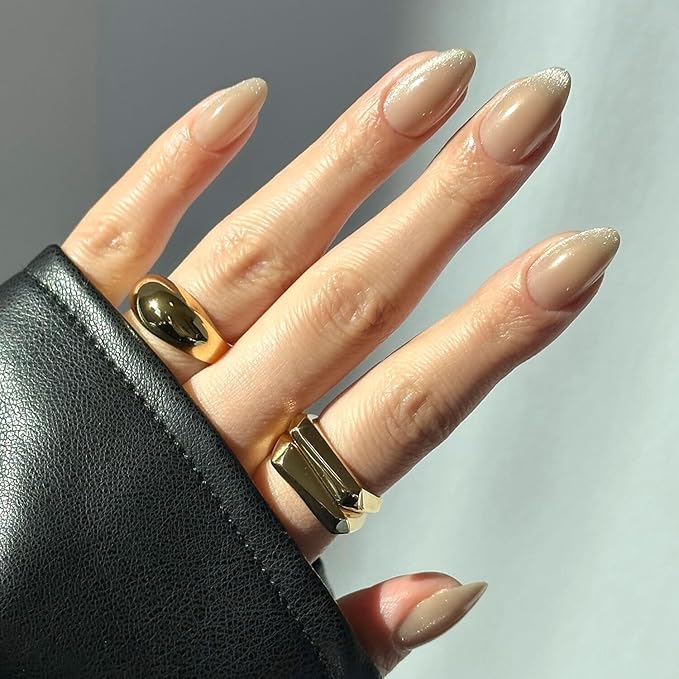 Glamnetic Press On Nails - Honey Bun | Trendy Neutral Nude Velvet Sparkly Short Almond Fake Nails, Salon Quality | 15 Sizes - 30 Nail Kit