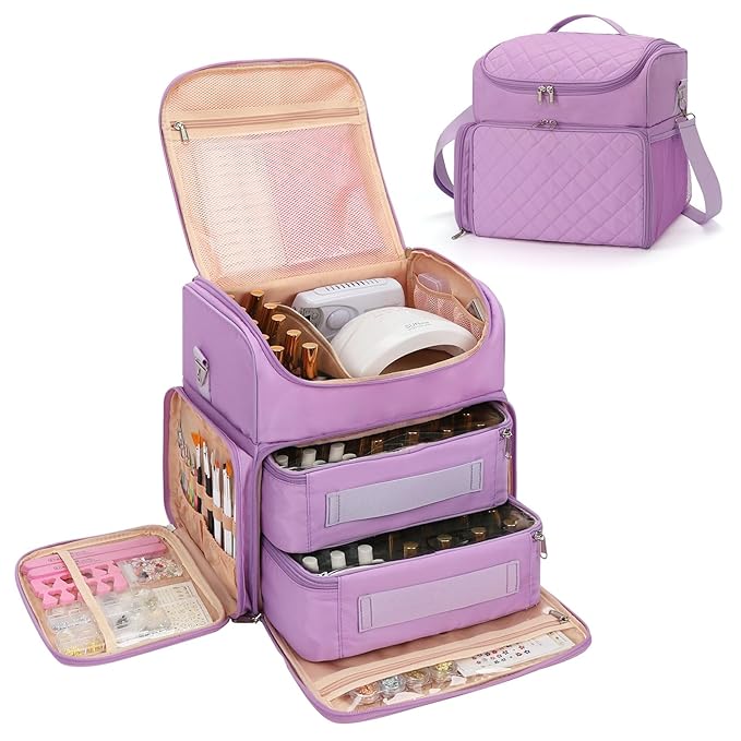 CUBETASTIC Extra Large Nail Polish Organizer Case Holds 86 to 100+ Bottles Nail Polish & Nail Lamp, Nail Supplies Storage Carrying Bag with 2 Removable Pouches (Purple, 86 Slots)
