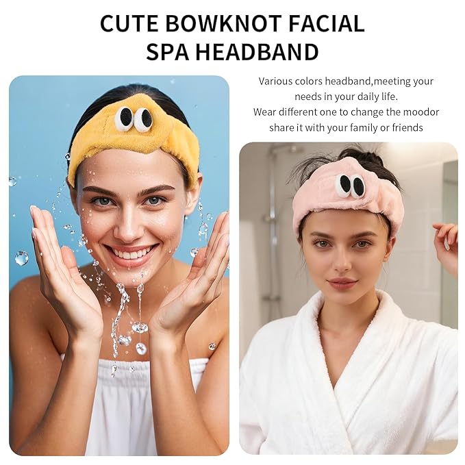 PERFECTSIGHT 2 Pack Cute Animal Headbands for Makeup Wash Shower Adjustable Elastic Hair Band for Girls and Women (Yellow+Pink Eye)